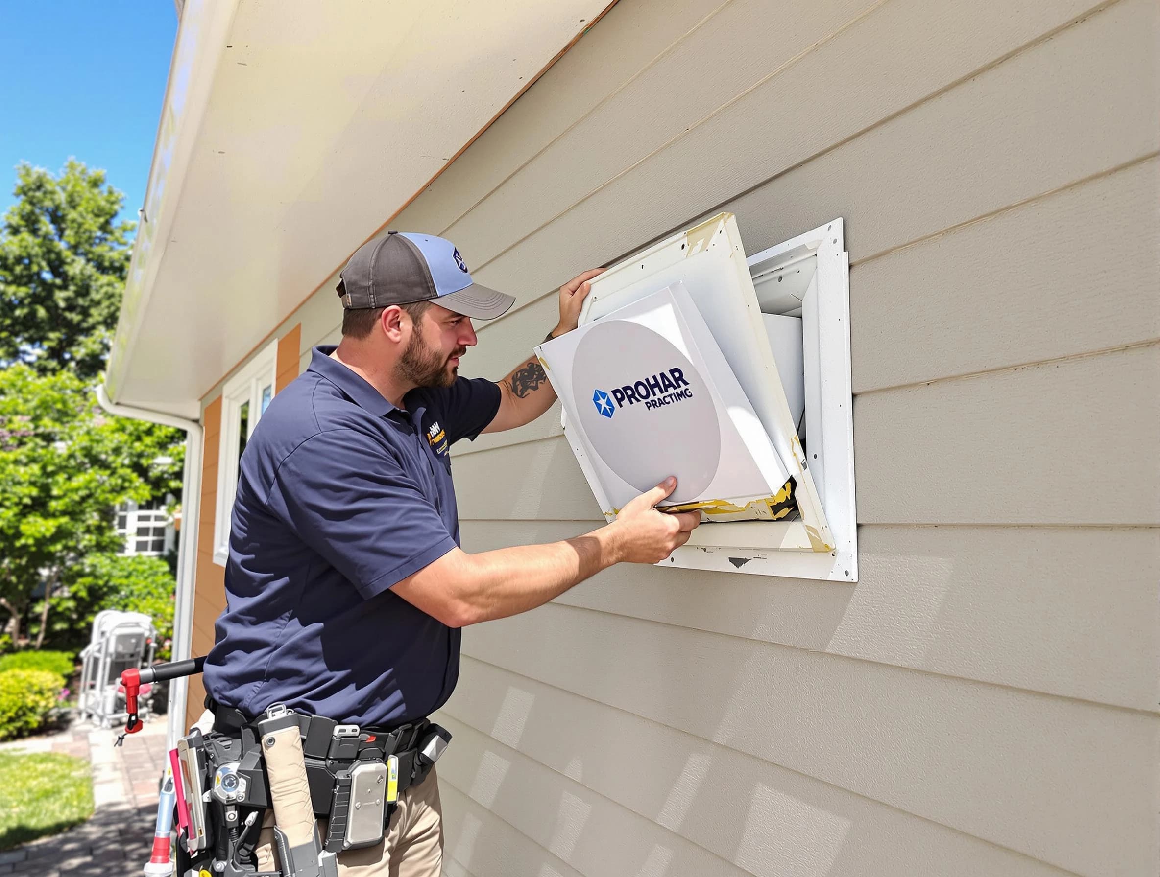 South Weber Dryer Vent Cleaning technician installing a new protective dryer vent cover on a home in South Weber