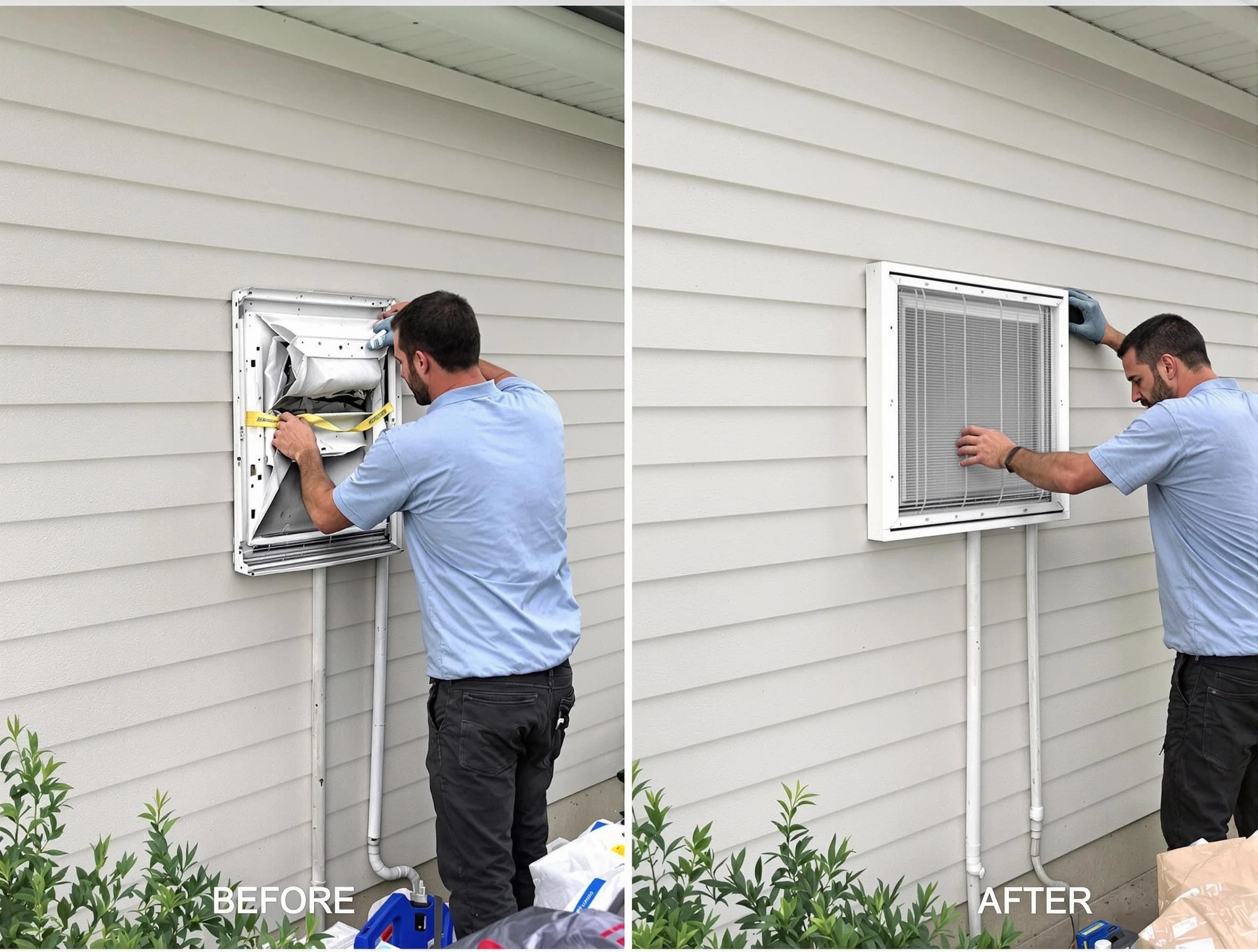 South Weber Dryer Vent Cleaning technician installing high-quality dryer vent cover at a residential property in South Weber