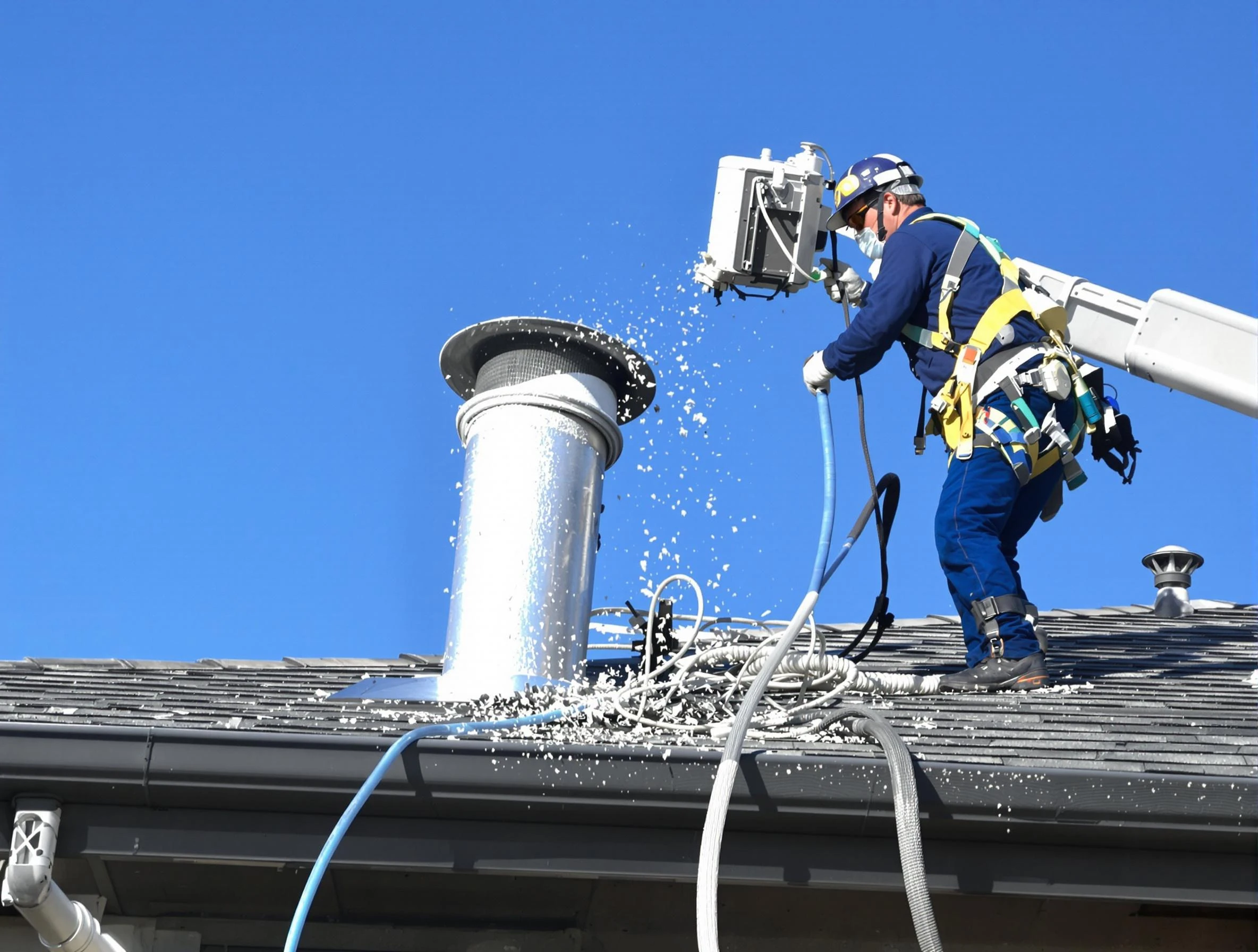 South Weber Dryer Vent Cleaning certified technician safely cleaning a roof-mounted dryer vent in South Weber